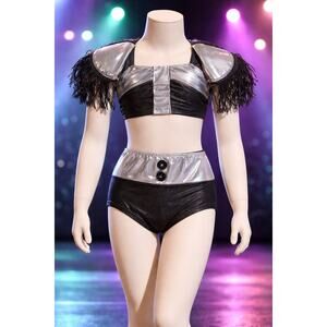 Patrick J. dance costume girl's 2 piece gray silver black shoulder pads fringe S